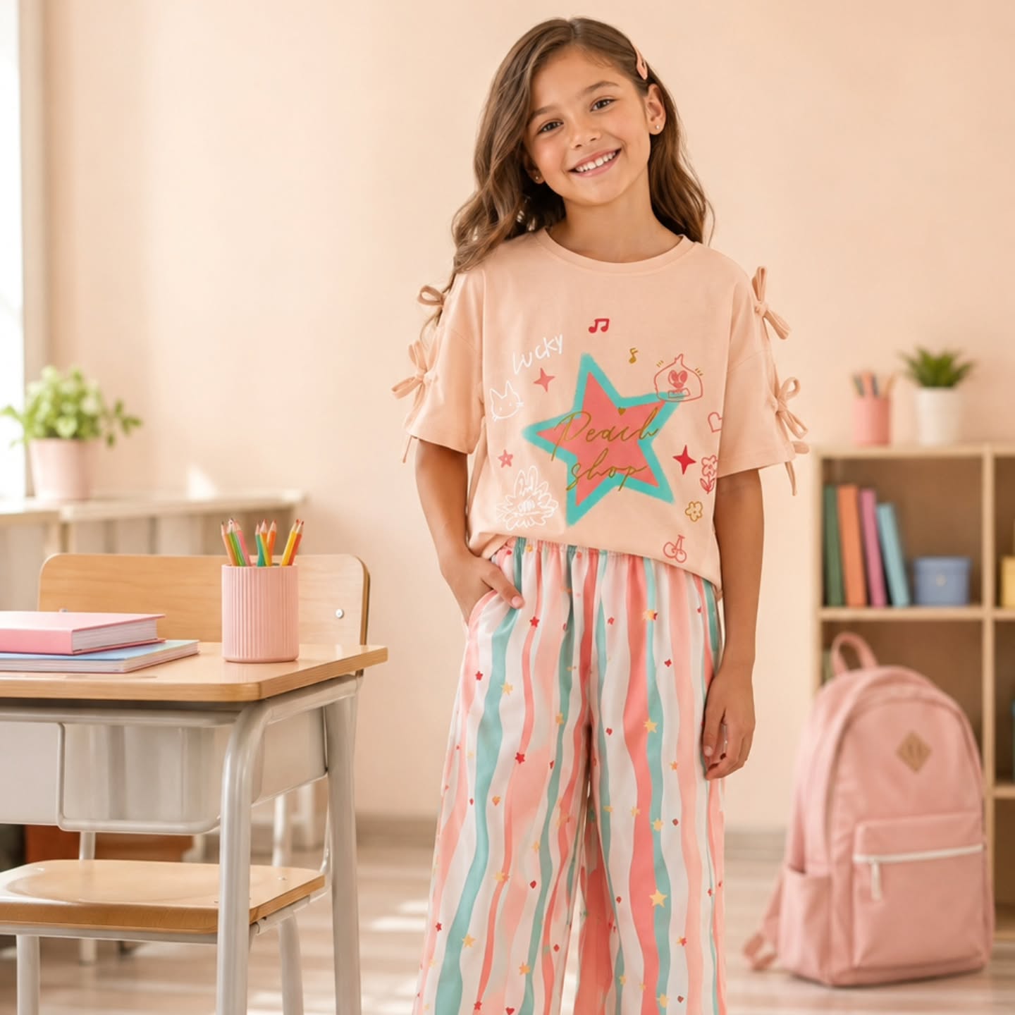 🌸 طقم بنات Peach Star – مستورد | 6–12 سنة