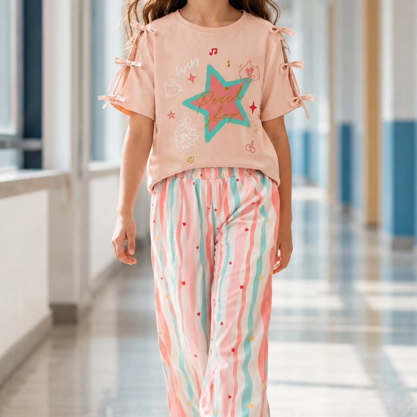 🌸 طقم بنات Peach Star – مستورد | 6–12 سنة