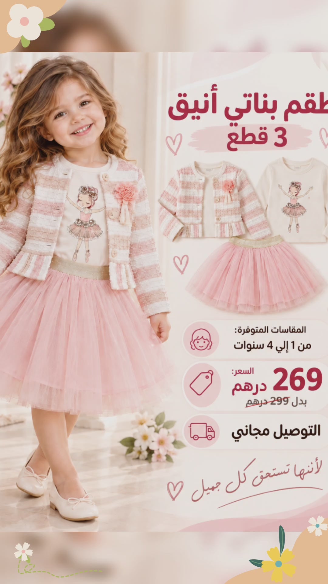 🎀 طقم بناتي أنيق 3 قطع – من سنة حتى 4 سنوات