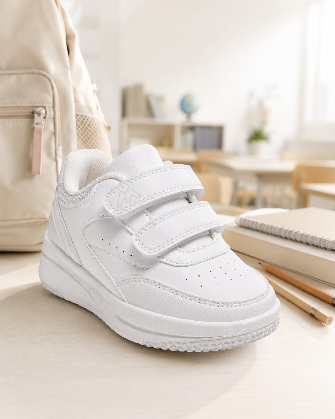 🎒 سبرديلة أطفال بيضاء Velcro – Back to School | 32–37