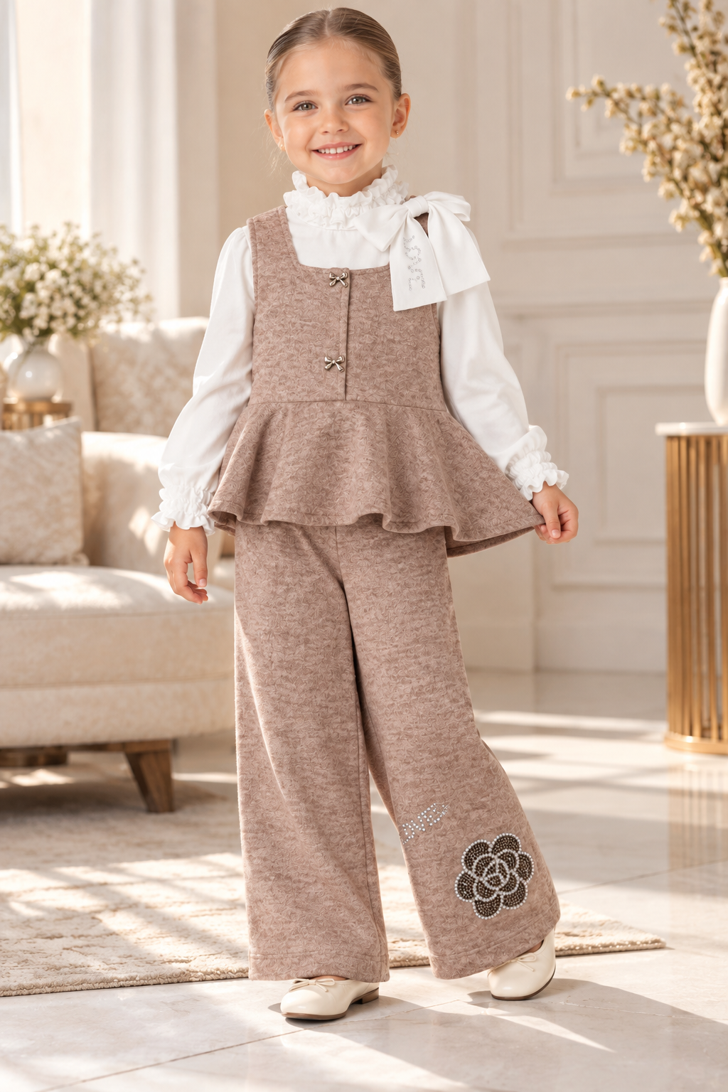طقم بناتي أنيق 3 قطع – Beige Rosé