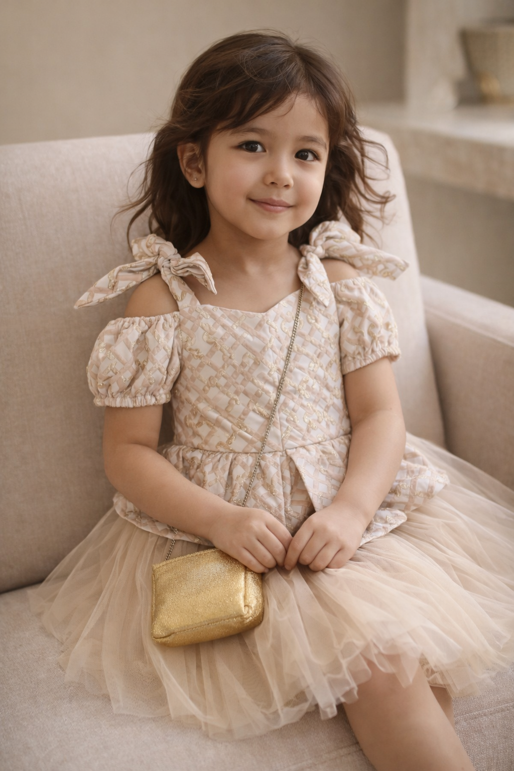 فستان بناتي فاخر بيج  + صاك🎀