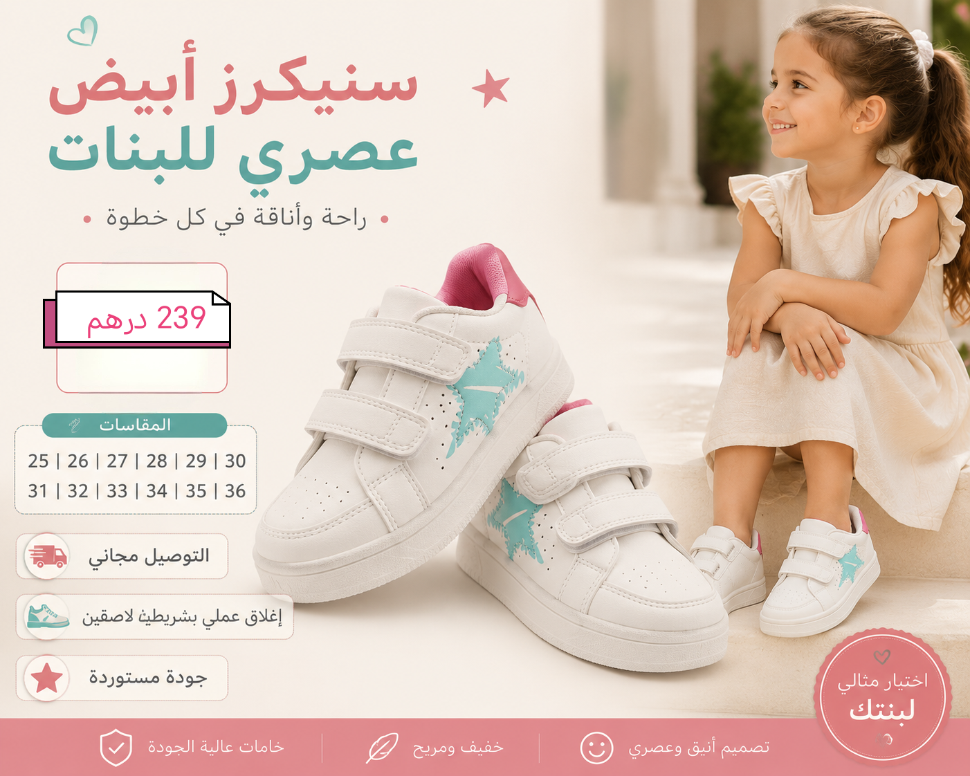 👟 سنيكرز أبيض عصري للبنات – راحة وأناقة في كل خطوة