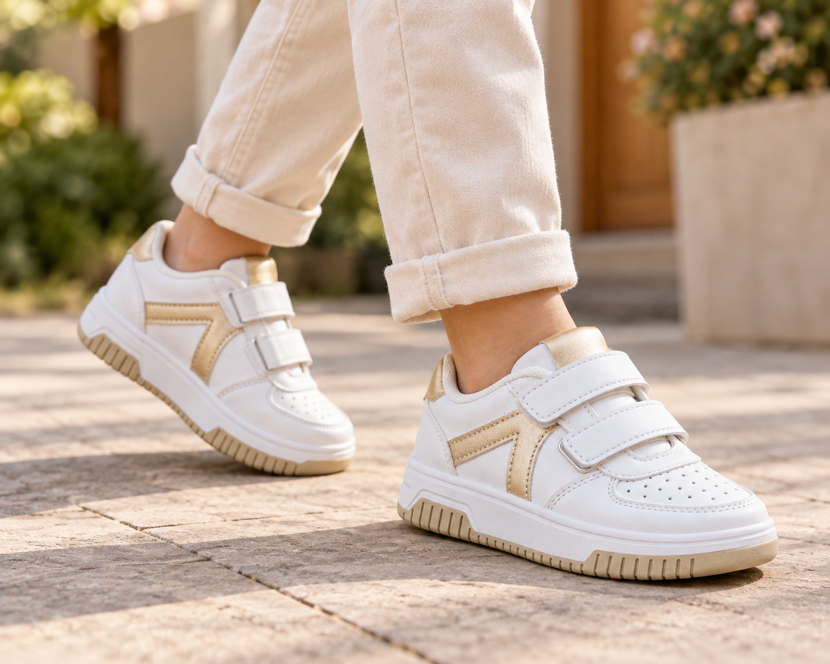 👟 سبرديلة بنات بيضاء وذهبية – من 25 حتى 35