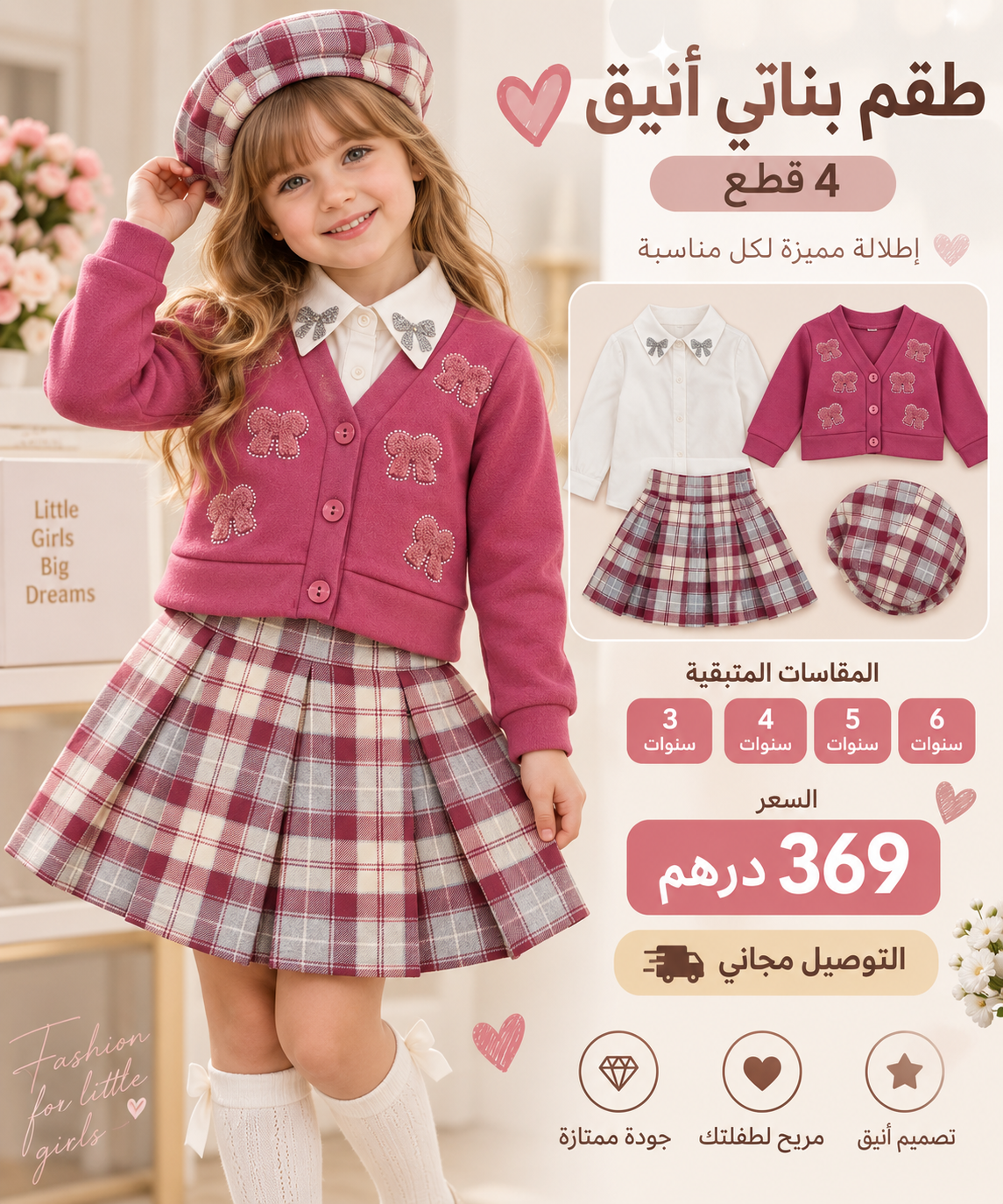 🎀 طقم بناتي أنيق 4 قطع – من 3 حتى 6 سنوات