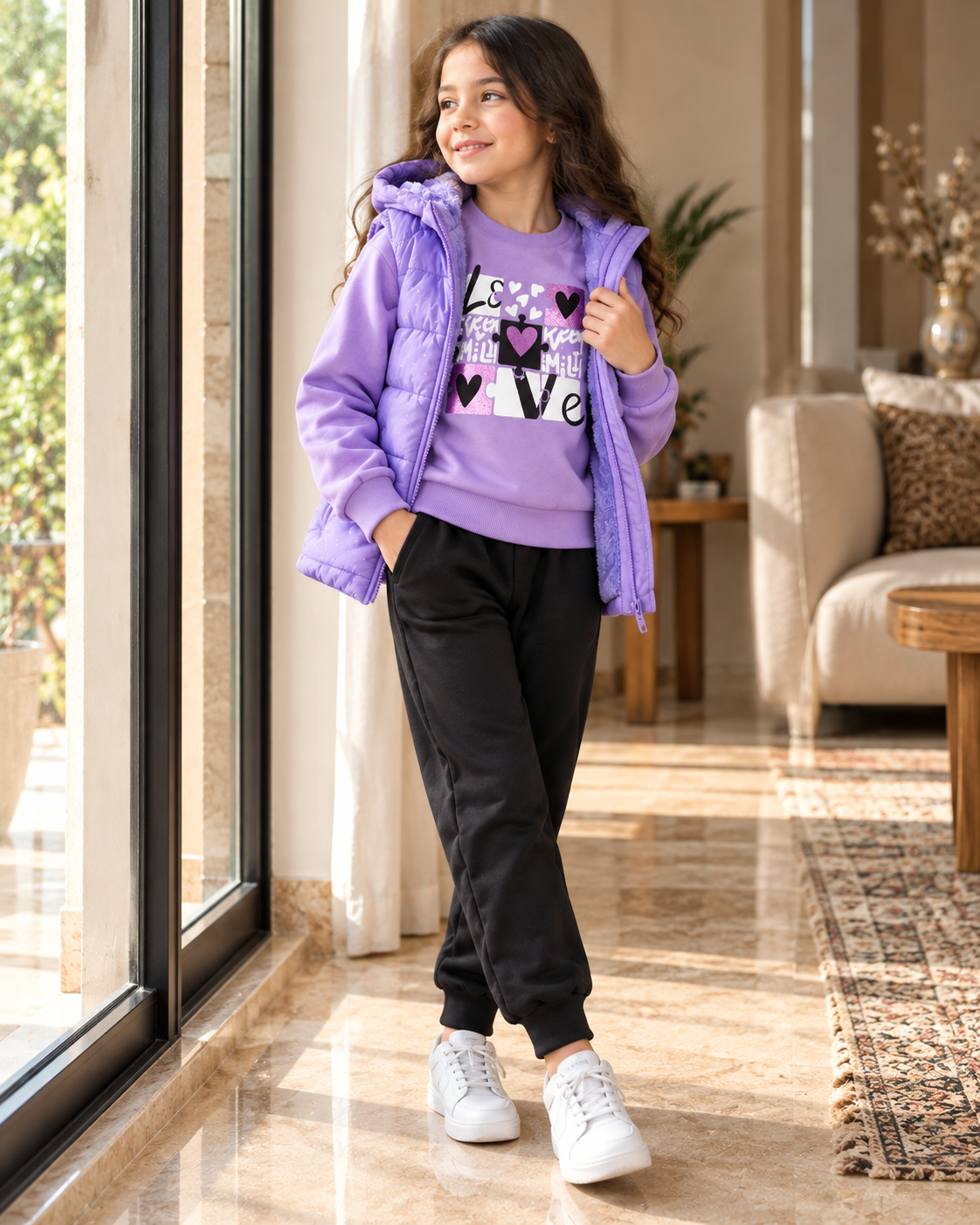 طقم شتوي بناتي 3 قطع بنفسجي مع جيلي مبطن – من 4 حتى 12 سنة 💜