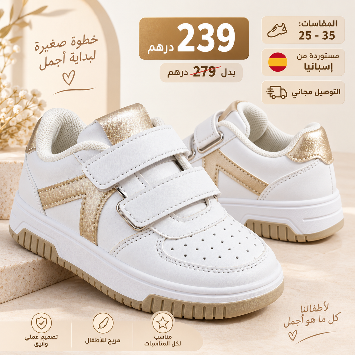 👟 سبرديلة بنات بيضاء وذهبية – من 25 حتى 35