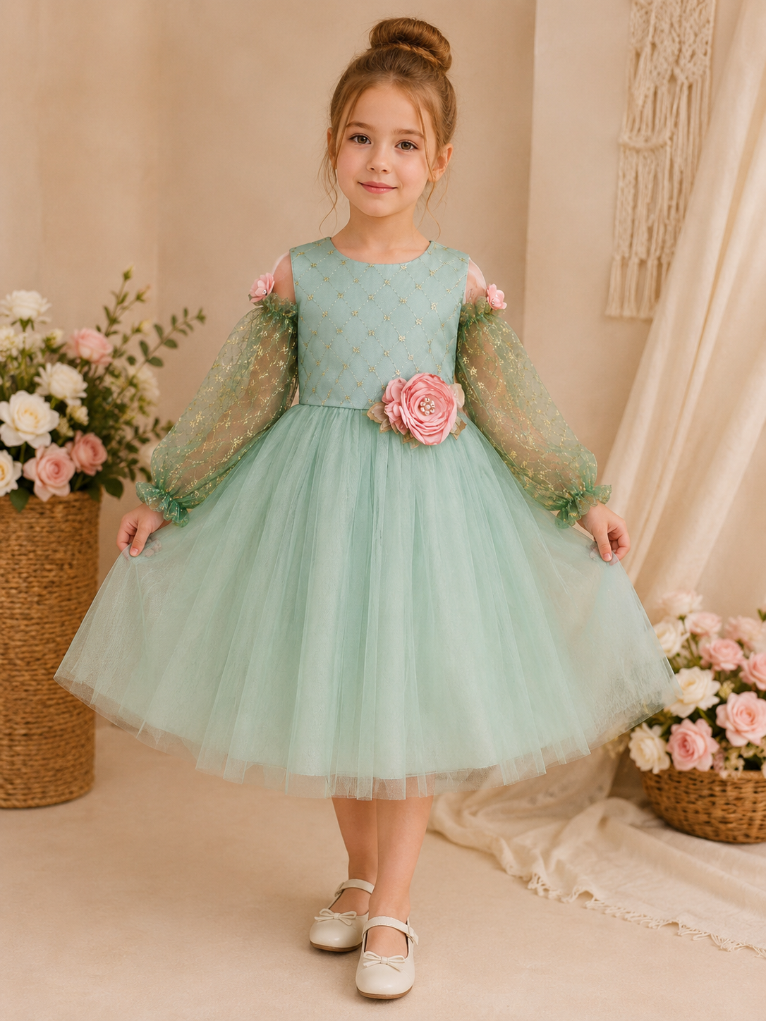 فستان أميرة الفاخر – أخضر نعناعي 🌿
